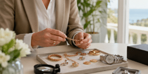 Bijoux anciens, chaînes, bagues, pièces et montre examinés avant estimation au comptoir AOV de Bois-d’Arcy.